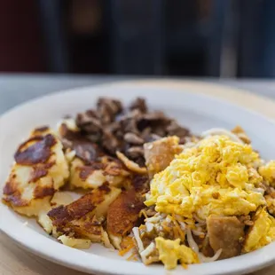 a plate of breakfast food on a table