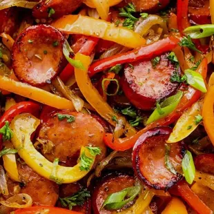 Sausage peppers, and onions