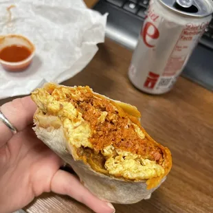 Chorizo burrito w/ beans. Absolutely speechless. The chorizo:egg ratio is perfect.