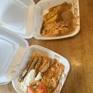 two takeout containers with food in them