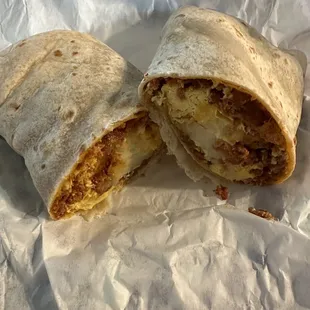 Breakfast burrito with bacon and chorizo