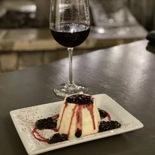 a dessert and a glass of wine