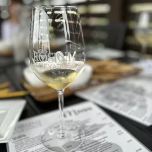 a glass of wine on a table