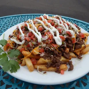 Asada Fries- Crisp fries topped with Carne Asada, cheese sauce, shredded cheese, fresh salsa and sour cream.