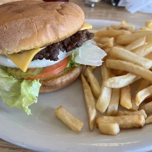 a hamburger and french fries