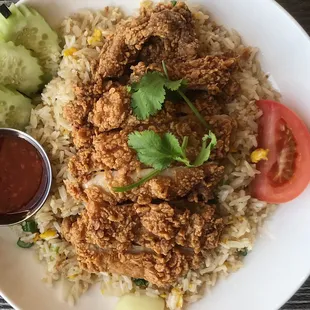Fried rice = good
Fried chicken = great
"Fried rice with fried" = super duper amazing
