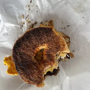 Burnt to a crisp "everything bagel" with sausage