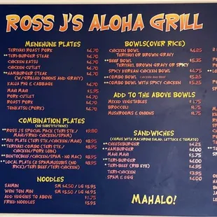 Menu as of March 2022