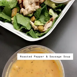 Chicken Caesar Salad Roasted Pepper &amp; Italian Sausage Soup