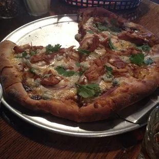 BBQ chicken pizza with blue cheese crumbles.