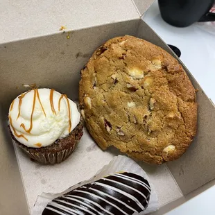Carrot Cake Cupcake, White Chocolate Chip Cookie, and Chocolate Eclair