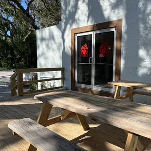 a picnic table on a deck