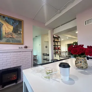 a fireplace in the background