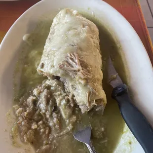 a burrito in a bowl of soup