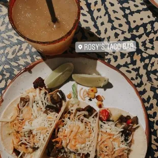 Vegetable tacos and pineapple habanero margarita with tajin.