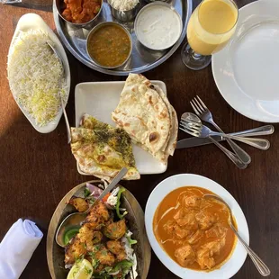 Mango Lassi Kachumber Salad Chicken Tikka Chicken Tikka Masala Curry Garlic Basil Naan Naan