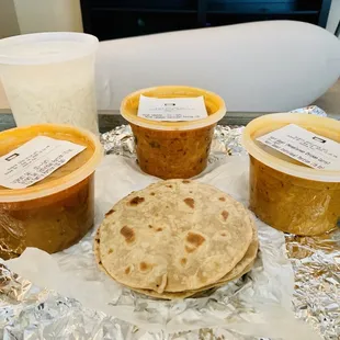 Sambar (left), rice, Murgh Lababdar (middle), Kori Gassi (Mangalorean Chicken Curry - right), roti (10)