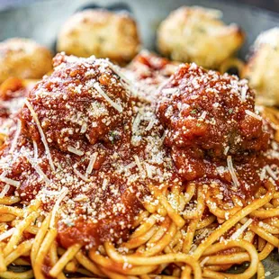 SPAGHETTI &amp; MEATBALLS
spaghetti, Italian meatballs, red gravy