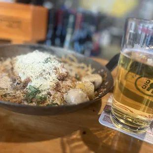 Chicken Parm Pasta and cold  beer
