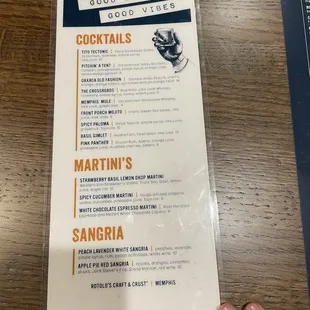 Drink menu- cocktails, martinis, sangria