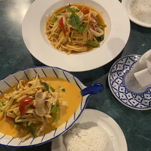 Seafood Pad Prig, Red Curry with Chicken and a large hot sake. Makes for a perfect date night dinner.