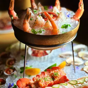 a platter of seafood on ice