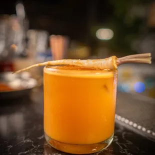 What's up Doc. Bourbon, fernet, ginger, fresh juiced carrot.