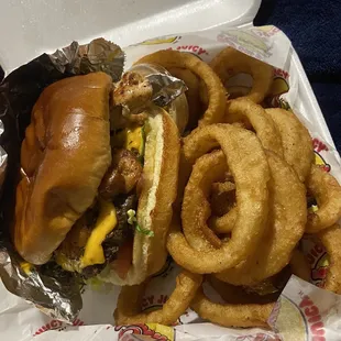 Chicken and Shrimp Burger w/ onion rings