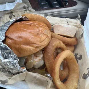 Shrimp burger and onion rings