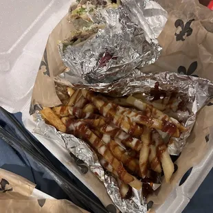 Combination, pita, chicken, and steak BBQ ranch fries.... No substitutes.