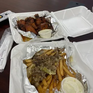 Hot Lemon Pepper Wings and Philly Cheesesteak Fries