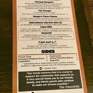 Salads/soups, pizzas, and sides menu