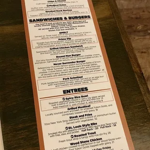 Appetizers, sandwiches/burgers, and entrees menu