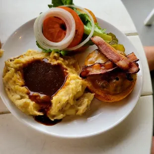 Burger and smashed potatoes with gravy