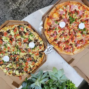 two pizzas with toppings