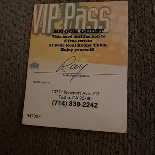 a receipt for a vip pass
