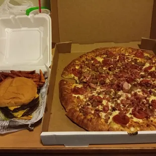 Double Bacon cheeseburger, sweet potato fries, and and stuffed crusted all meat large pizza