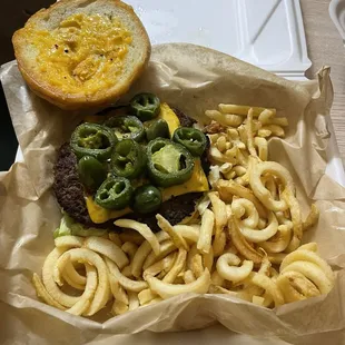 Jalapeño burger with curly fries