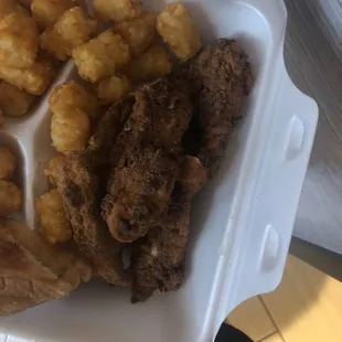 These are chicken tenders but they taste burnt and they even look nasty. I hardly ever eat here but I won&apos;t be making this mistake again.