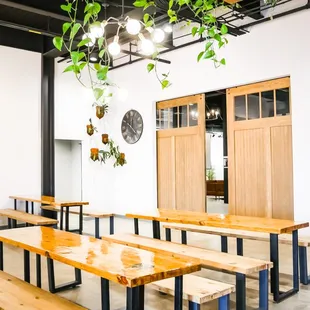 tables and benches in a room