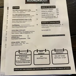 Food menu at Roundabout