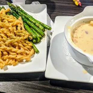 Kid's chicken and noodles. Side of clam chowder.