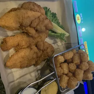 Chicken tenders, honey mustard sauce &amp; crispy tater tots!