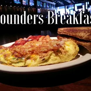 an omelet and toast on a plate
