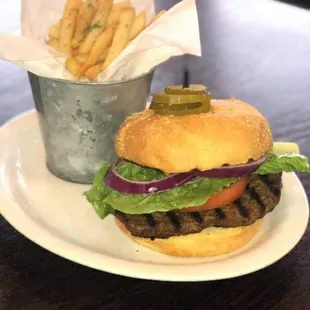 a hamburger and fries