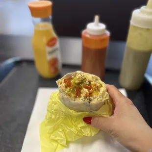 Sausage &amp; Bacon breakfast burrito! Paired with lovely spicy salsas!