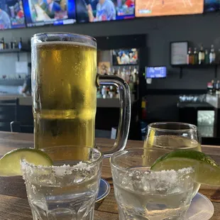 Stella, wine, and 2 chilled shots of patron