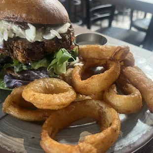 Daily special (hot honey chicken sandwich) with onion rings