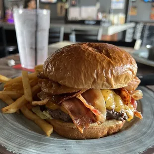 BBQ Bacon Burger with a side of fries