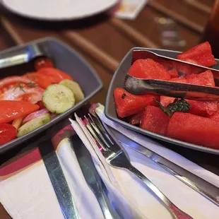 Tomato salad and watermelon salad.